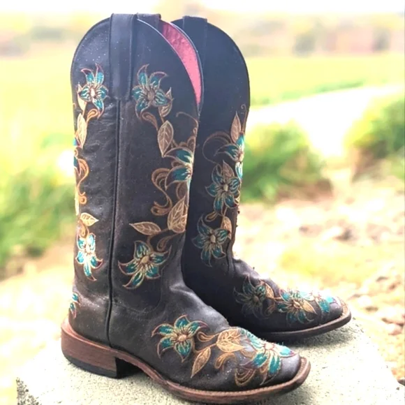 MACIE BEAN M9034 Glitterific brown leather floral embroidery cowgirl boots sz 6 - Picture 1 of 16